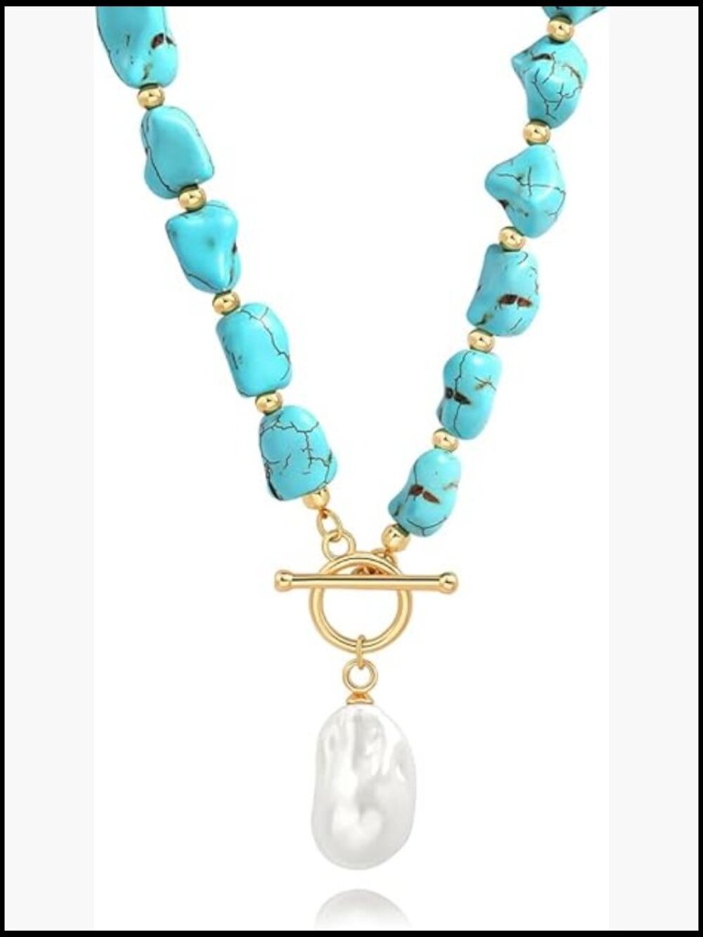 Turquoise Cross Pearl Pendant Necklace 18K Gold Plated Toggle Choker Minimalist